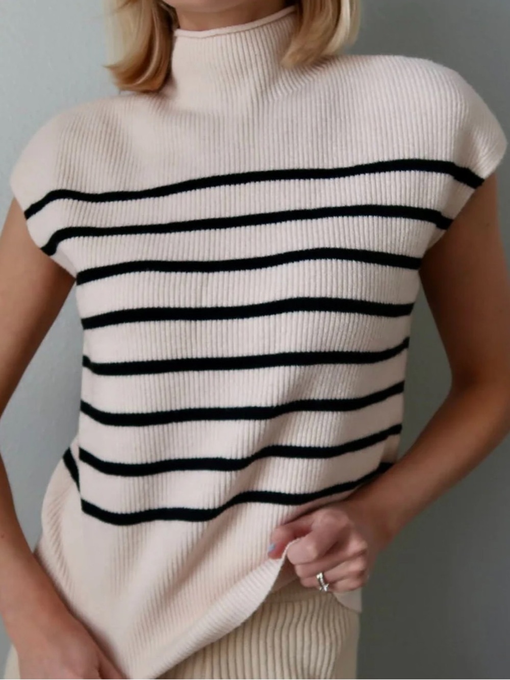 MEROKEETY MOCK NECK CAP SLEEVE STRIPED RIBBED TANK TOP